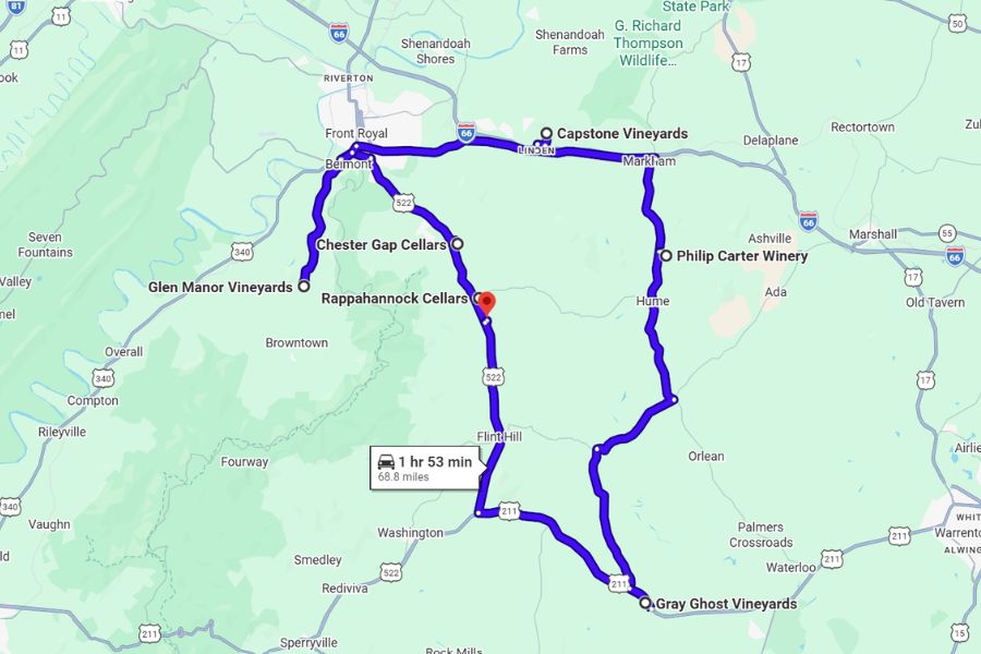Map of the Blue Ridge Wine Way showing six wineries near Glen Gordon Manor