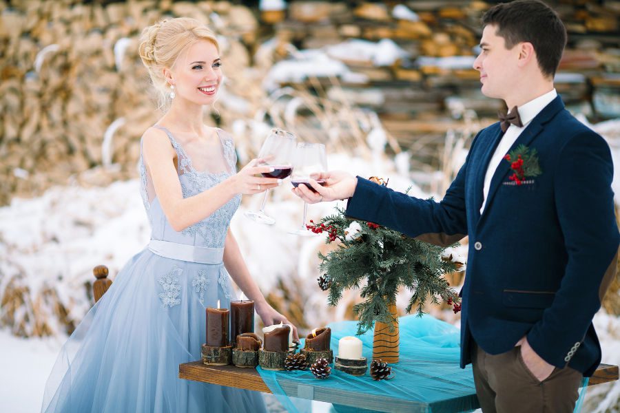 Bride and groom toasting wine at their wedding venue in virginia