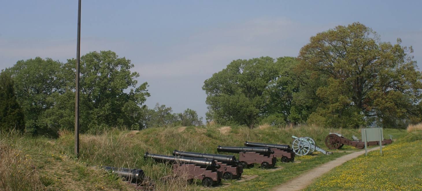 Cannons in a field on the historic Yorktown battlefield.