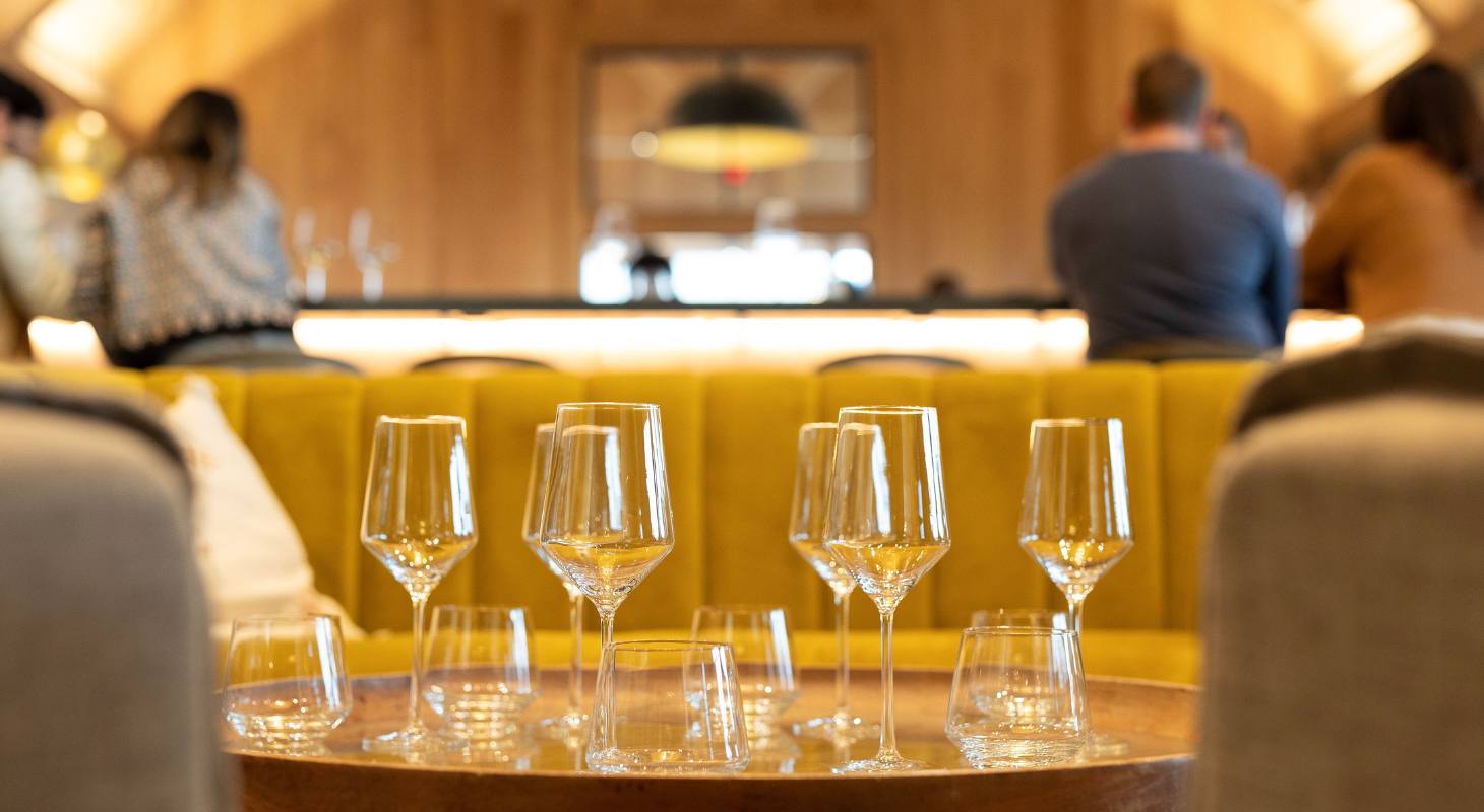 Empty wine glasses on a table at a Virginia winery