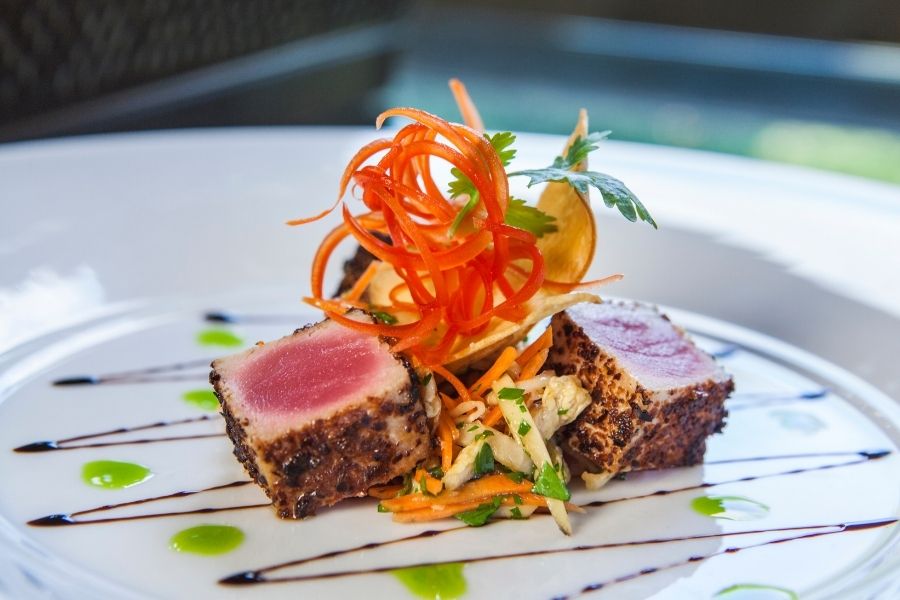 Tuna dish with local ingredients expertly crafted by Chef Dayn Smith at Houndstooth Restaurant