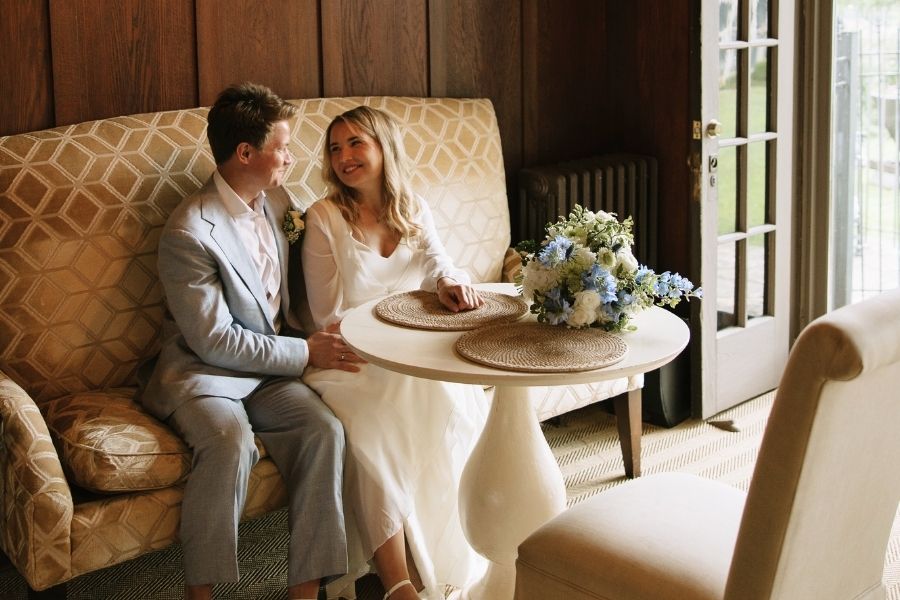 Couple enjoying a romantic elopement in Virginia at a Shenandoah Valley estate surrounded by rolling countryside